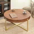 Setawix Farmhouse Round Coffee Table for Living Room, 33.86' Small Side End Table, Wood Retro Splicing Coffee Table, Modern Accent Coffee Table Entry Way Table with Gold Metal Cross Leg