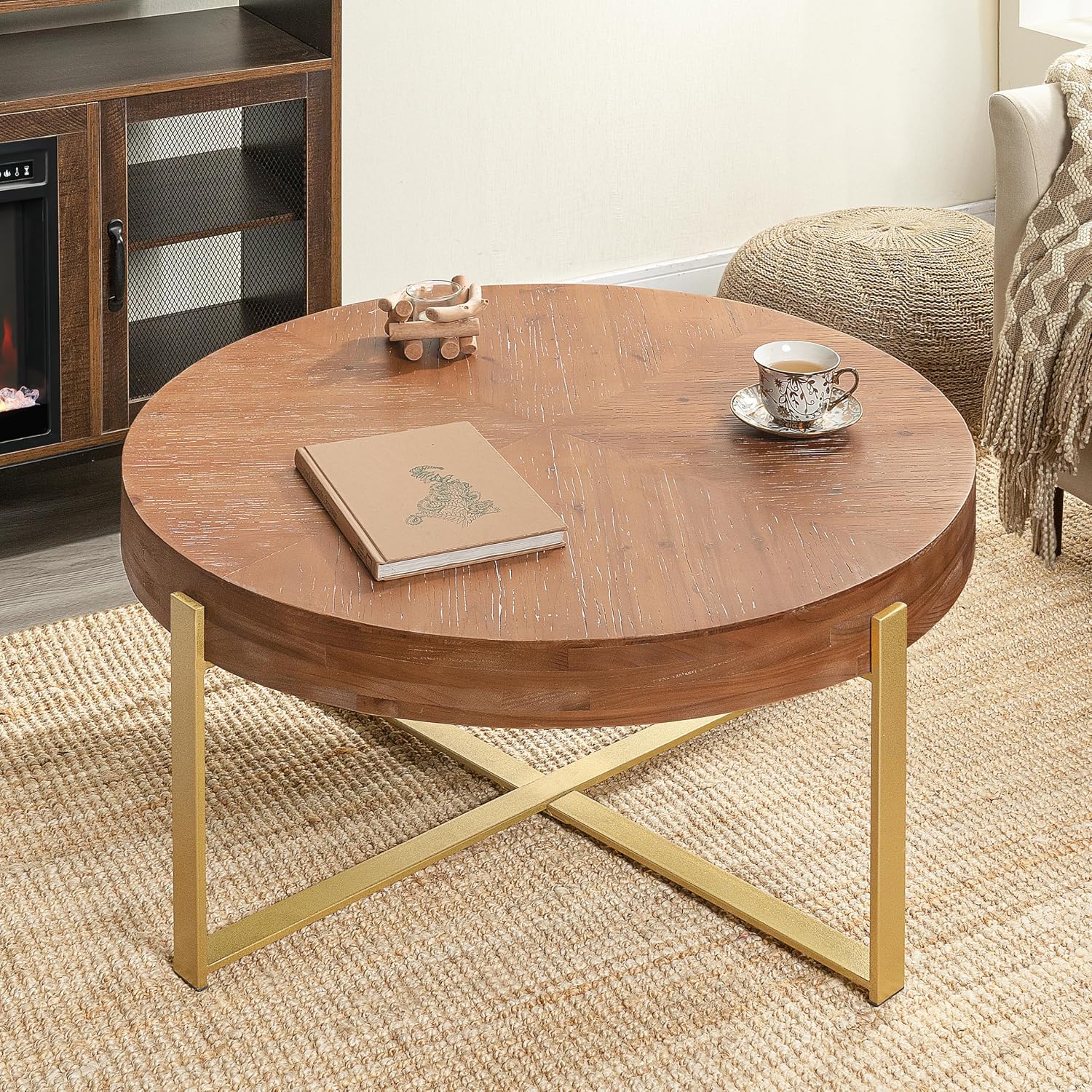 Setawix Farmhouse Round Coffee Table for Living Room, 33.86' Small Side End Table, Wood Retro Splicing Coffee Table, Modern Accent Coffee Table Entry Way Table with Gold Metal Cross Leg