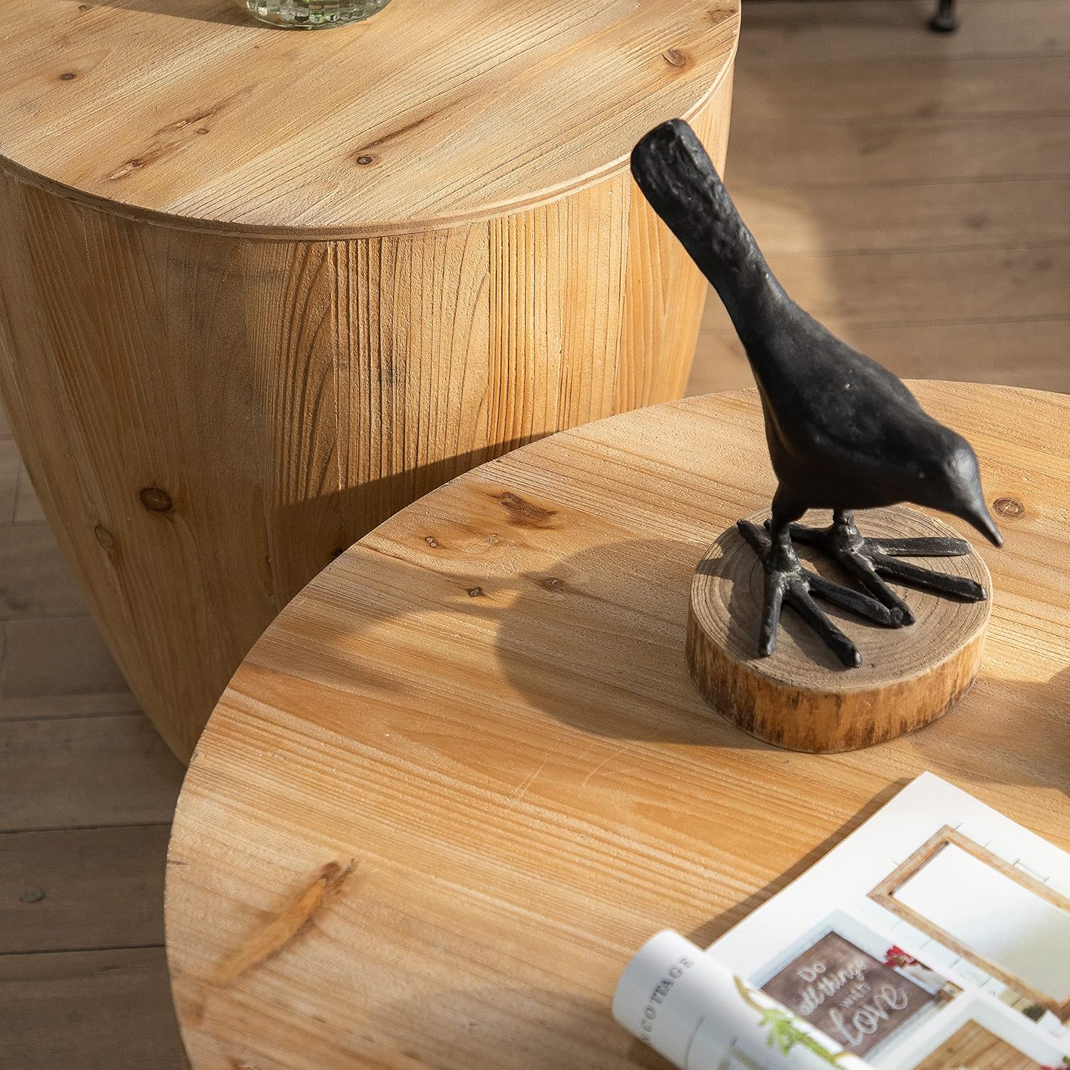 Round Wood Coffee Table End Table Side Table Set of 2 with Storage for Living Room, Modern Farmhouse Bucket Shaped Drum Coffee Table for Living Room Apartment, 2-Pcs