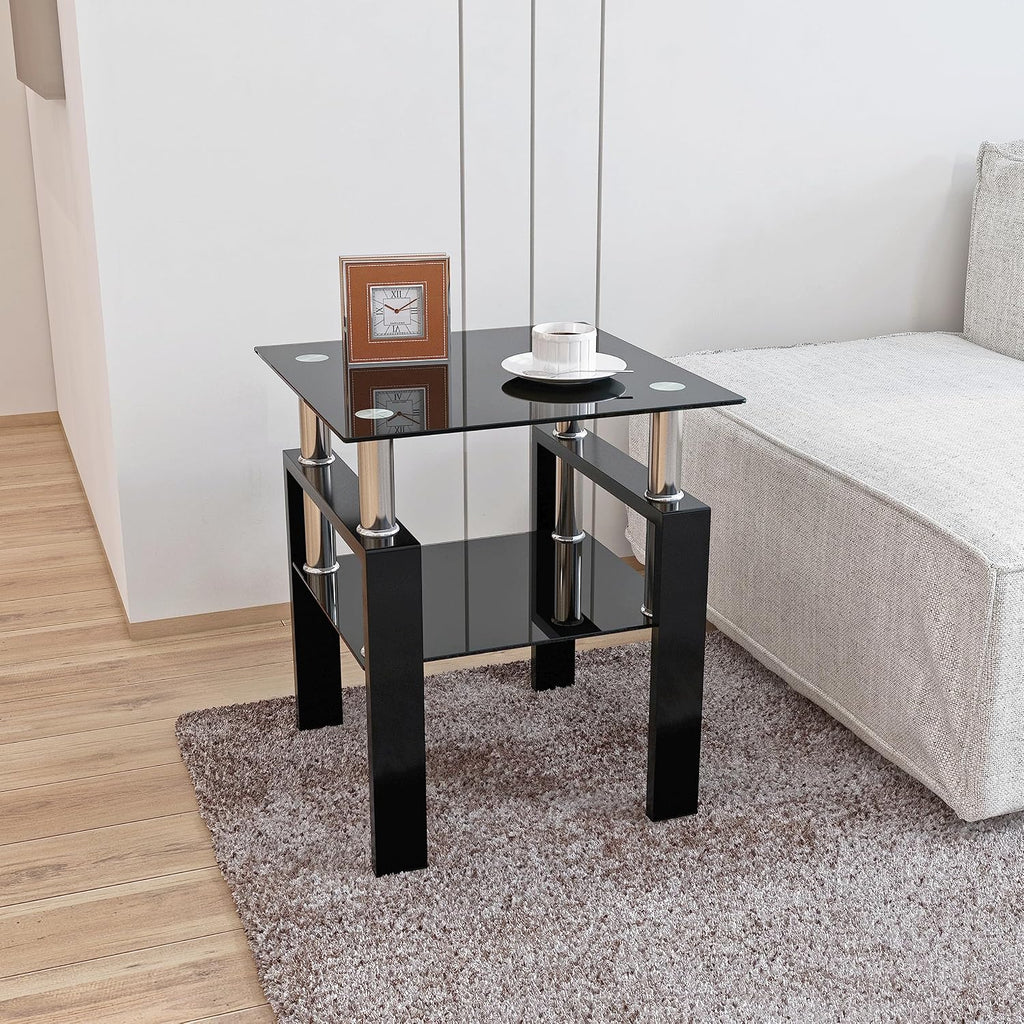 Glass Coffee Table Sets of 3 for Living Room, Mordern End Table Sofa Side Tables with Storage, Black Metal Leg, Rectangle Tempered Center Table Home Furniture Set (Black)