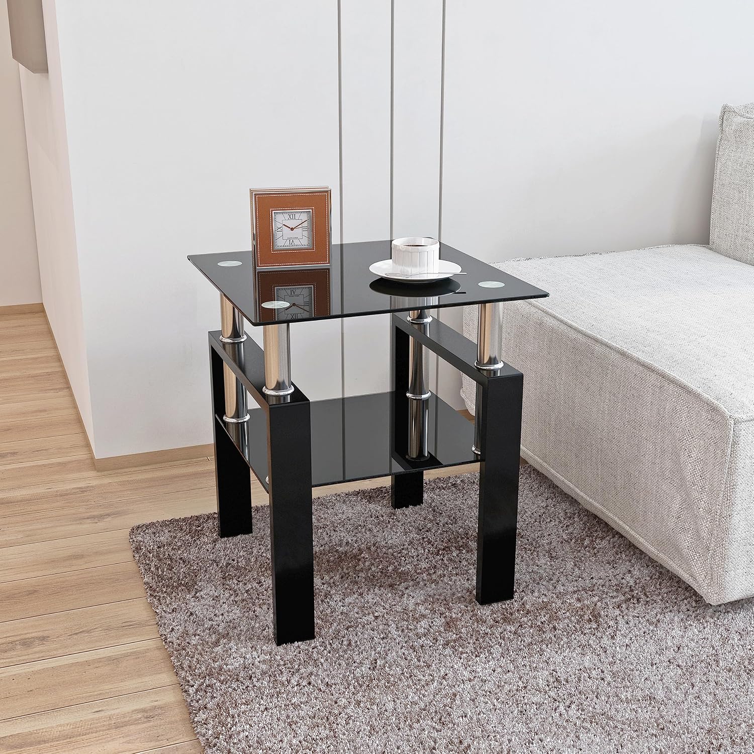 Glass Coffee Table Sets of 3 for Living Room, Mordern End Table Sofa Side Tables with Storage, Black Metal Leg, Rectangle Tempered Center Table Home Furniture Set (Black)
