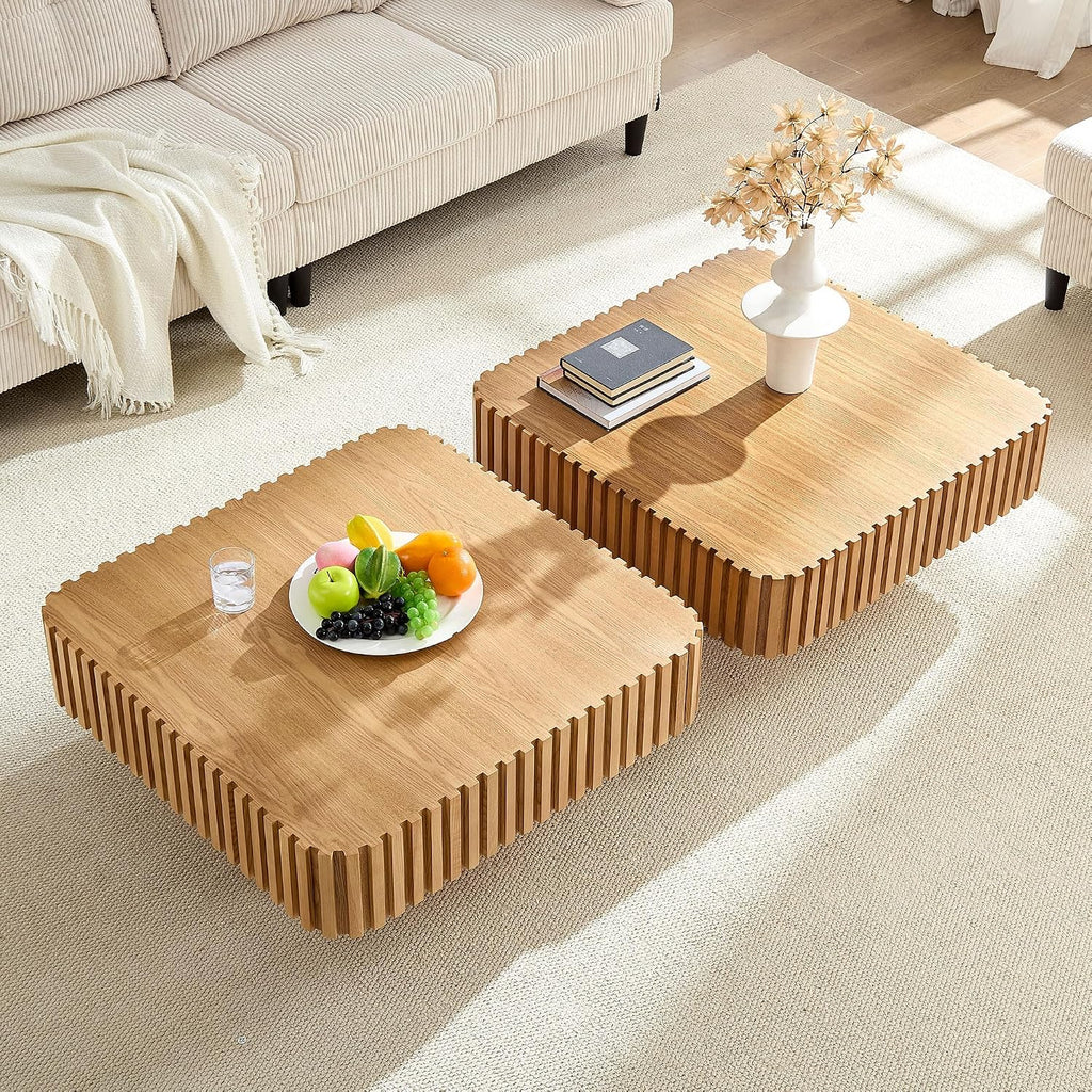WILLIAMSPACE 35.43' Square Coffee Table with Sturdy Base, Modern Luxury Wood Drum Center Table Accent End Side Table for Living Room, Minimalist Fluted Design, Oak