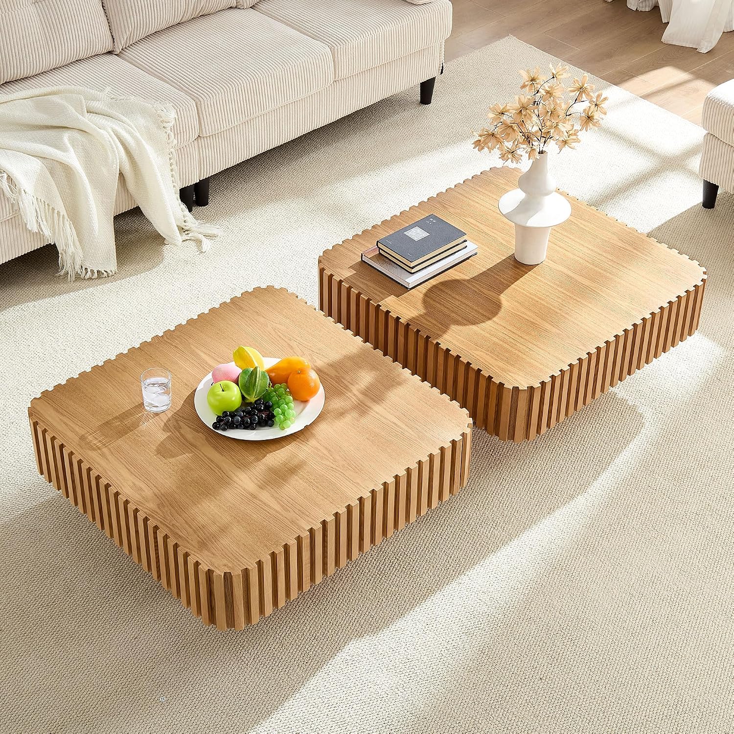 WILLIAMSPACE 35.43' Square Coffee Table with Sturdy Base, Modern Luxury Wood Drum Center Table Accent End Side Table for Living Room, Minimalist Fluted Design, Oak