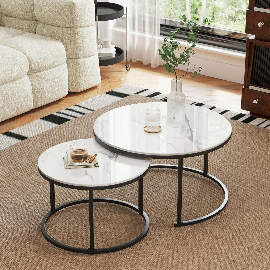 Round Nesting Coffee Table, White Modern Decorative Coffee Center Table Set of 2,Round Sintered Stone 24'' Coffee Table for Living Room with Sturdy Metal Frame.
