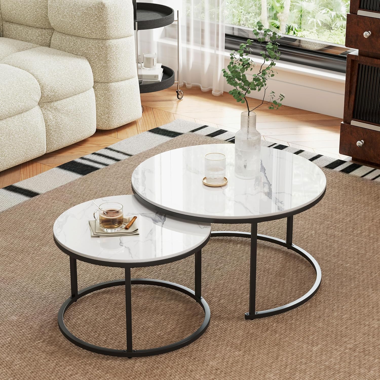 Round Nesting Coffee Table, White Modern Decorative Coffee Center Table Set of 2,Round Sintered Stone 24'' Coffee Table for Living Room with Sturdy Metal Frame.