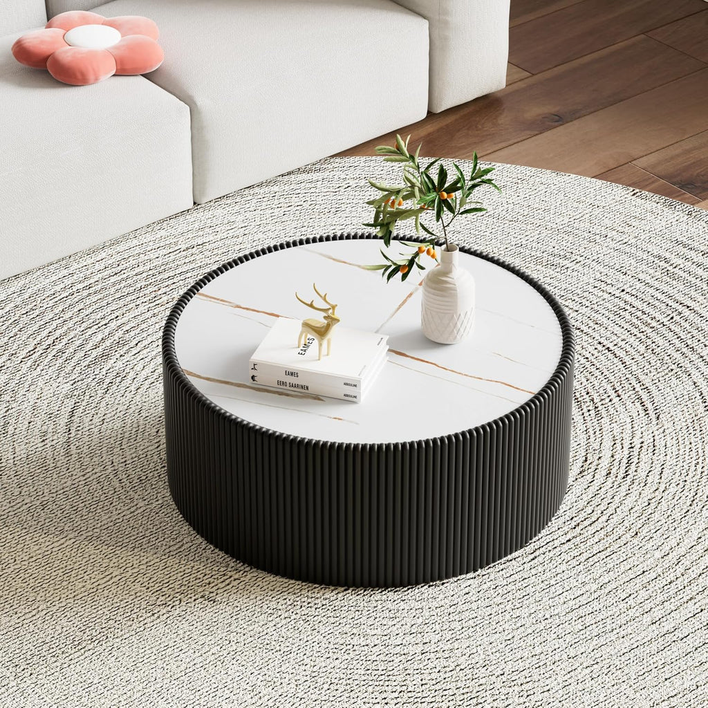 Modern Round Coffee Table Luxury Sintered Stone Top Coffee Table in Black Leatherette Creative Drum-Shape Cocktail Center Table for Living Room Bedroom,Fully Assembled