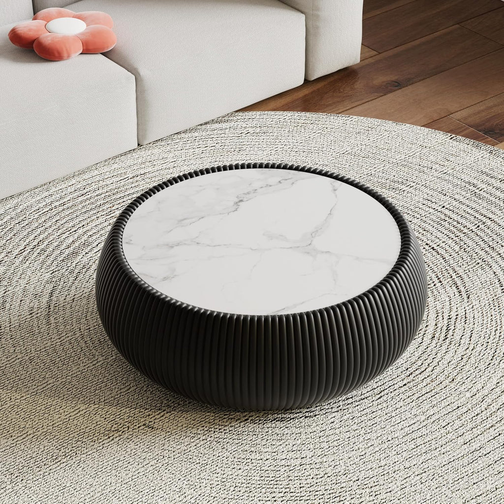 Round Drum Coffee Table Luxury Sintered Stone Top Coffee Table in Black Leatherette, Fully Assembled Drum-Shape Cocktail Center Table for Living Room Bedroom