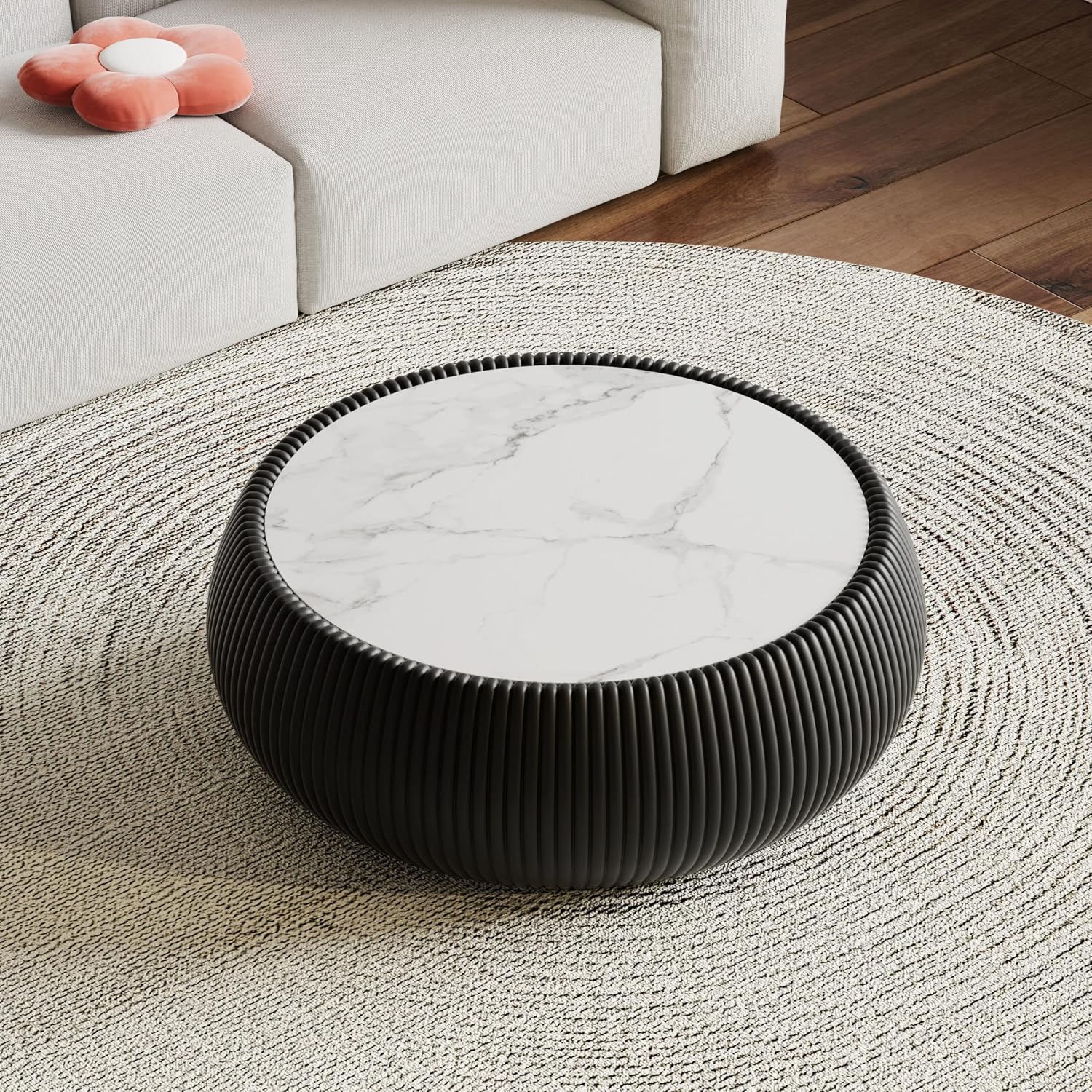 Round Drum Coffee Table Luxury Sintered Stone Top Coffee Table in Black Leatherette, Fully Assembled Drum-Shape Cocktail Center Table for Living Room Bedroom
