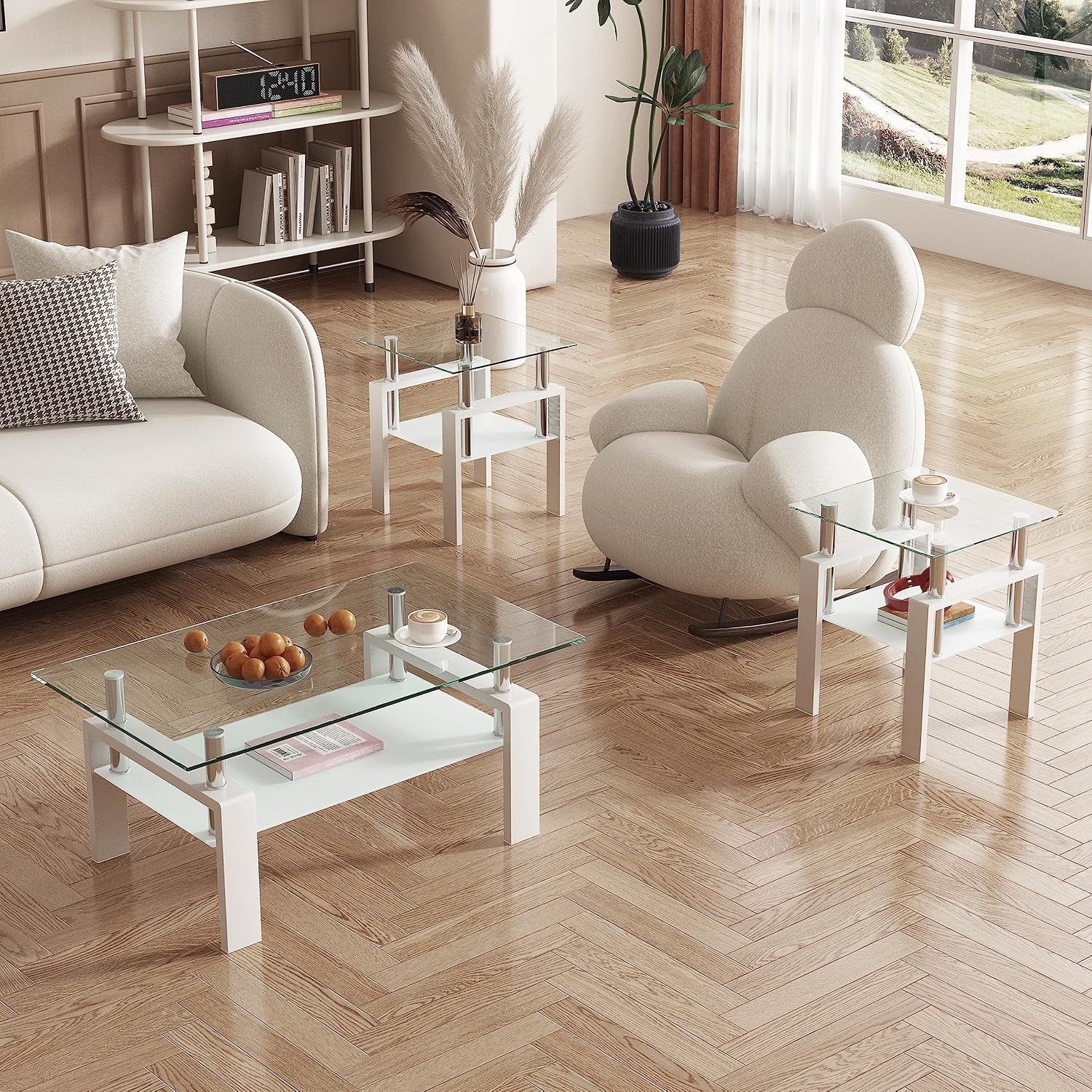 Glass Coffee Table Sets of 3 for Living Room, Mordern End Table Sofa Side Tables with Storage, Black Metal Leg, Rectangle Tempered Center Table Home Furniture Set (White)
