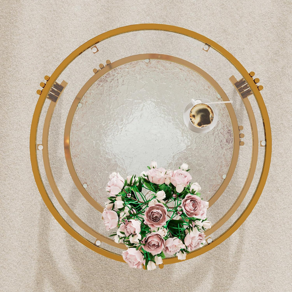 Coffee Table Set of 2 Nesting Round Glass Living Room Table Set Φ 32.75 Modern Simple 2 Tier Middle Center Metal Frame for Small Space Living Room Bedroom Office Meeting Room Gold
