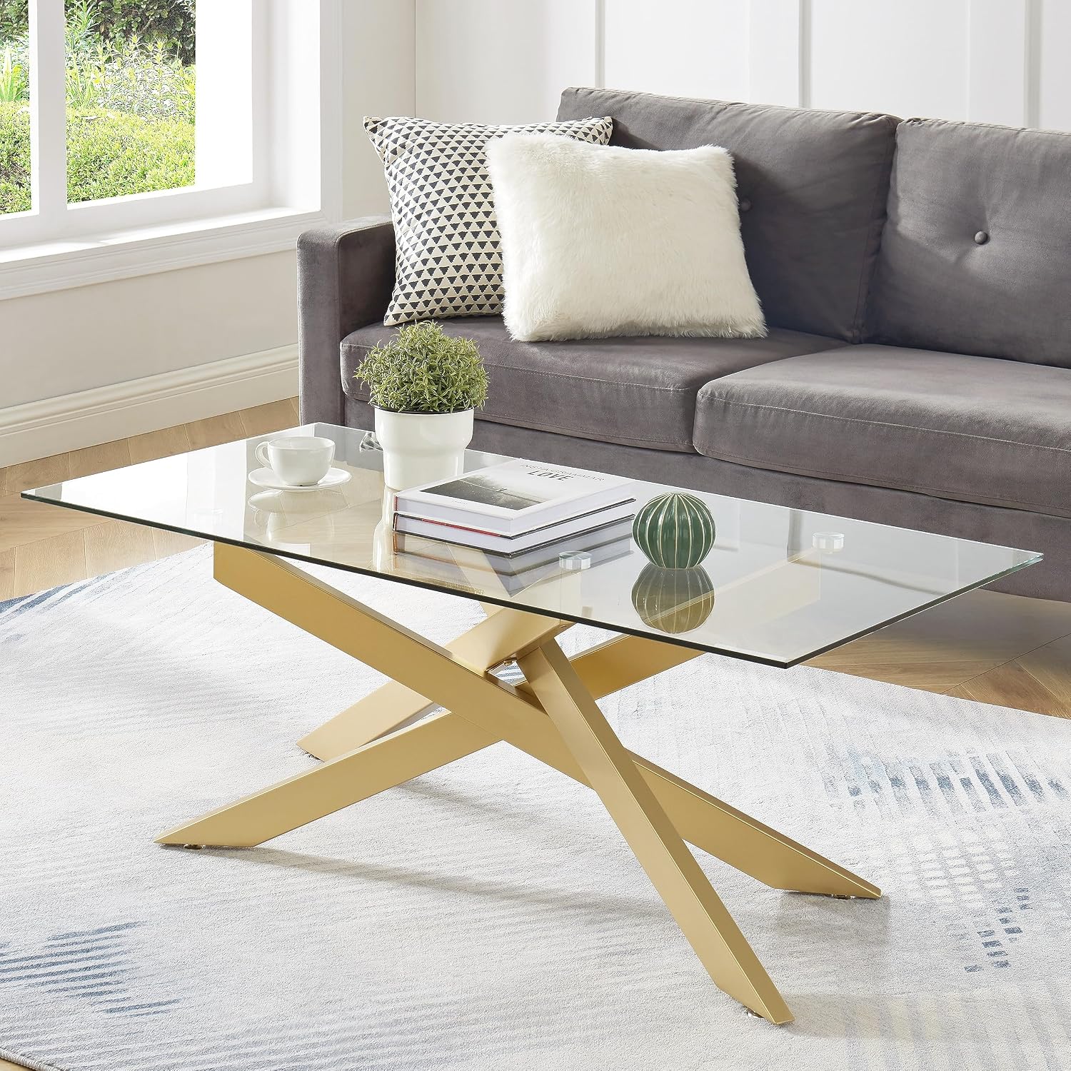 Gold Coffee Table for Living Room, Modern Glass Coffee Table with 47' Tempered Glass Top and Metal Tubular Legs for Small Space, Apartment, Office