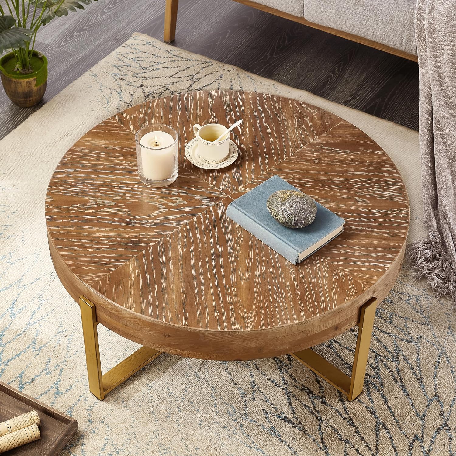 Round Wood Coffee Table for Living Room - Circle Wooden Coffee Table with Gold Metal Legs, Rustic, Vintage, Easy Assembly(Espresso,32.28' D x 32.28' W x 17.72' H)