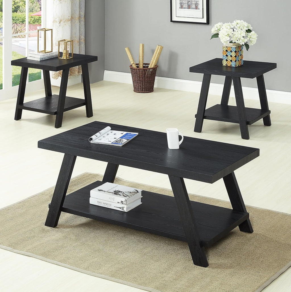 3-Piece Living Room Table Set, Coffee Table& Two End Tables, Side Table with Wood Storage Shelf for Living Room, Bedroom (Black, 48' L x 24' W x 19' H)
