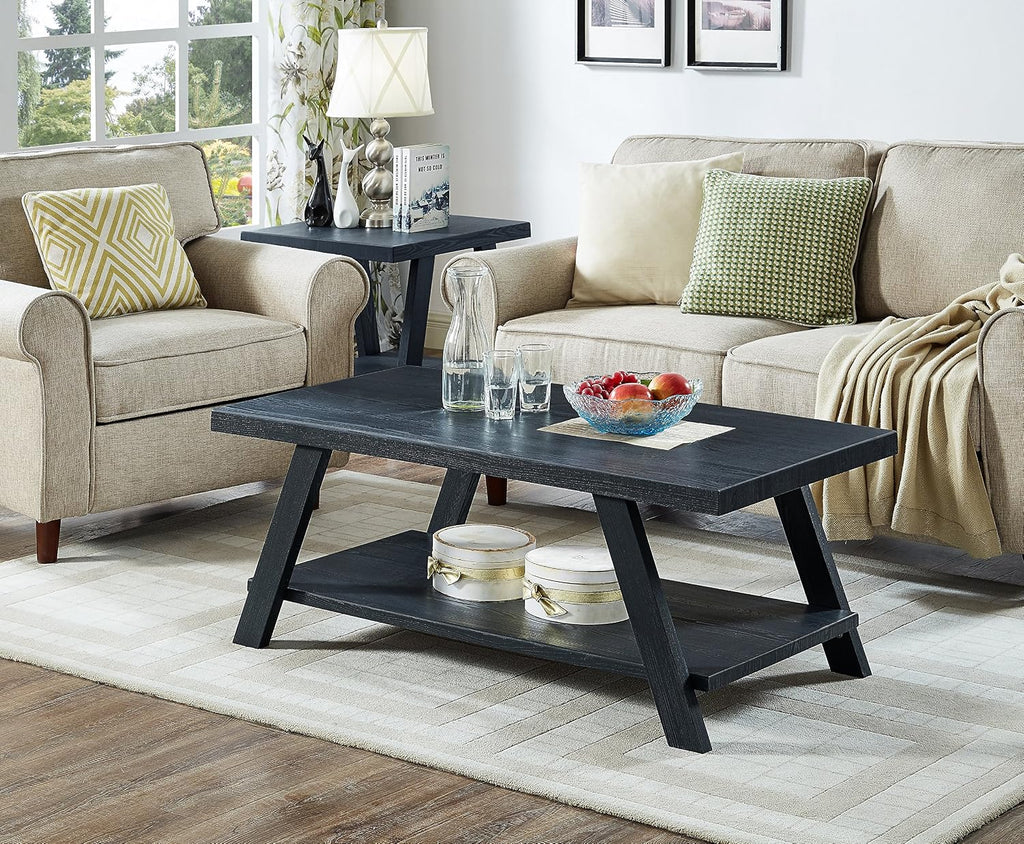 3-Piece Living Room Table Set, Coffee Table& Two End Tables, Side Table with Wood Storage Shelf for Living Room, Bedroom (Black, 48' L x 24' W x 19' H)