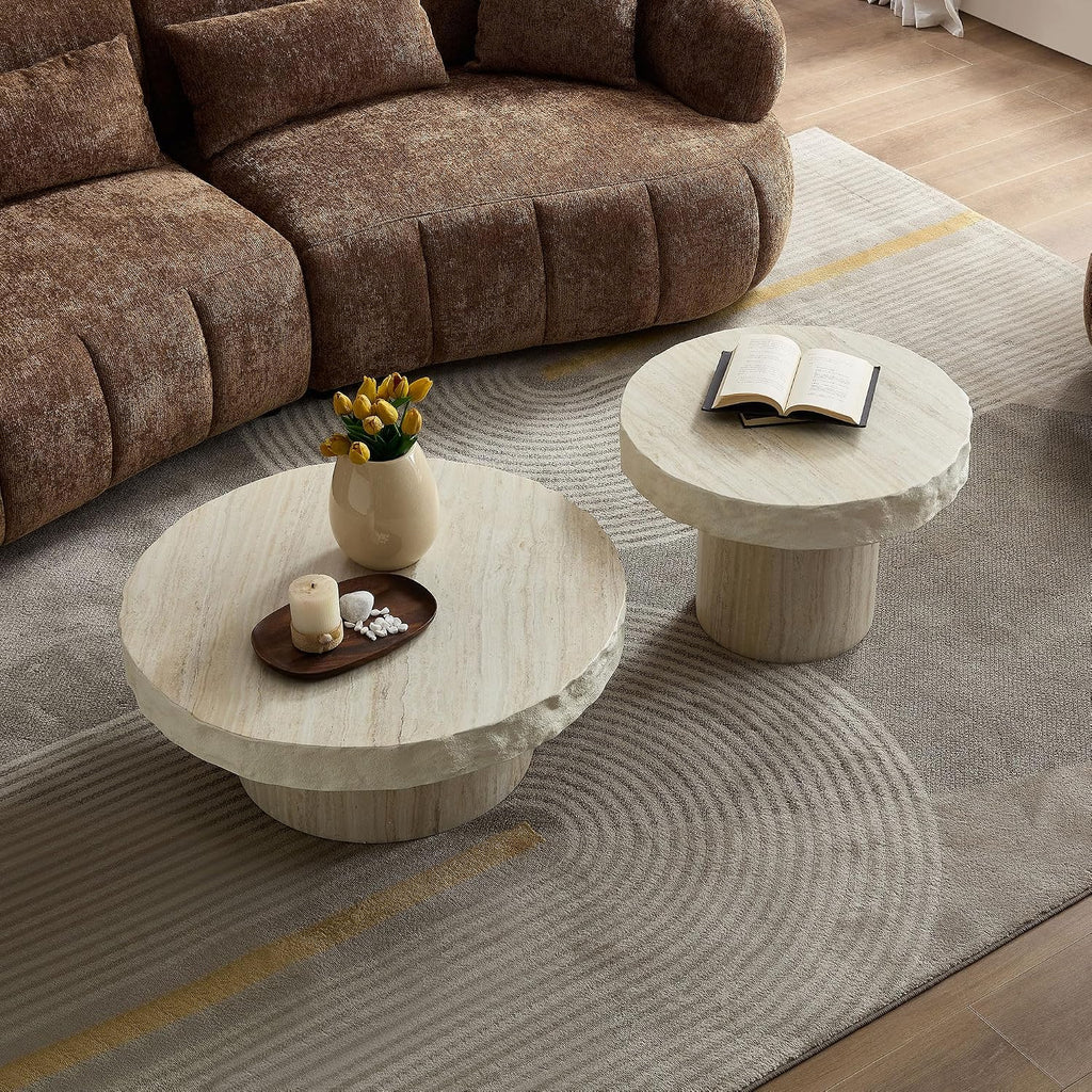 Set of 2 Round Coffee Tables for Living Room, 31.7' W x 13' H Faux Mars Circle Drum Pattern Modern Minimalist 23.82' W x16.93 Side Tables Accent End Table for Apartment, Office, Beige