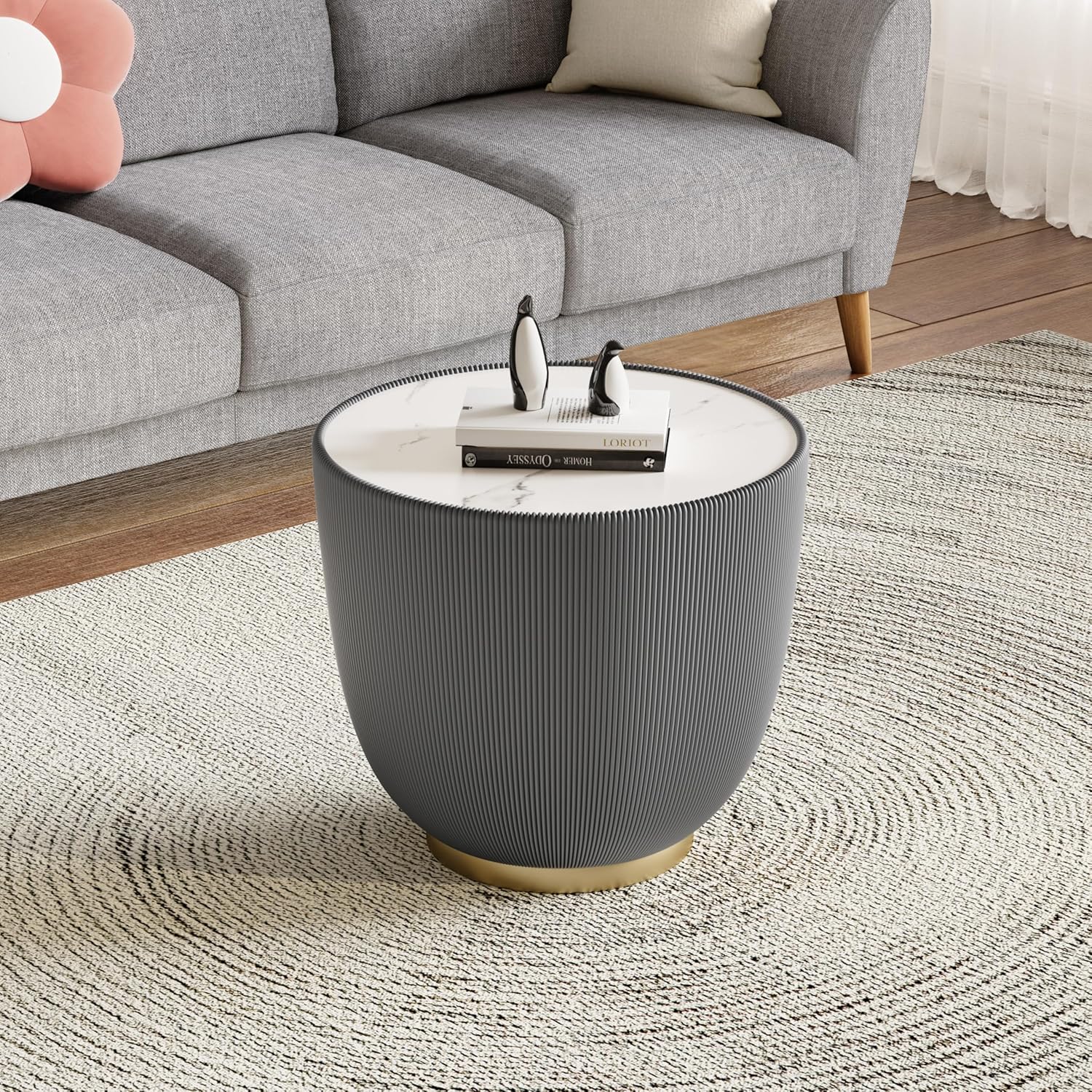 Round Marble Coffee Table Set of 2, 2 Piece White Coffee Table and End Table for Living Room Modern Drum Center Table Circle Side Tables for Living Room Bedroom Apartment,No Need Assembly,Black+Grey