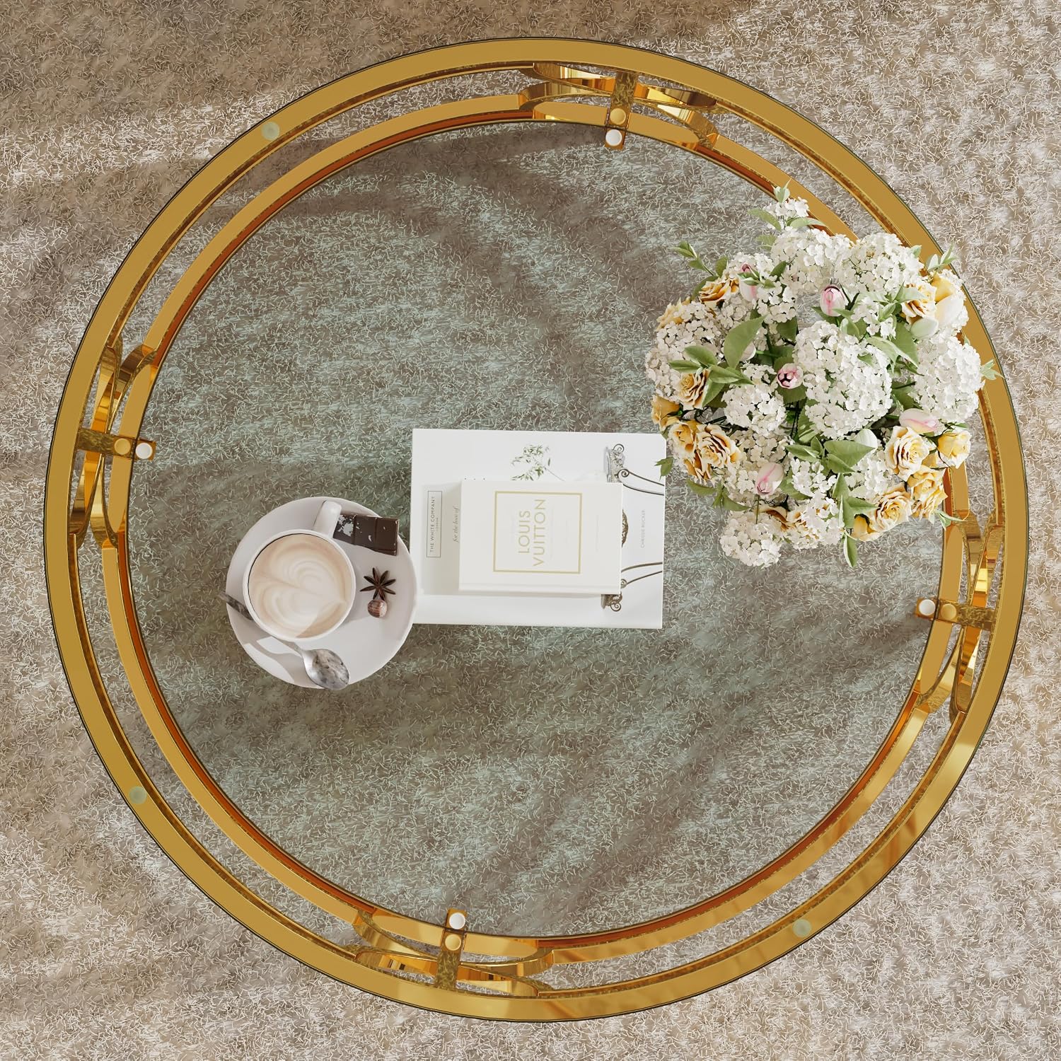 Merax 30.7' Round Tempered Glass Coffee Table, Luxurious Gold Geometric Metal Frame Side Table with Lower Storage Shelf, Modern Accent End Tables for Living Room, Bedroom, Apartment, Transparent