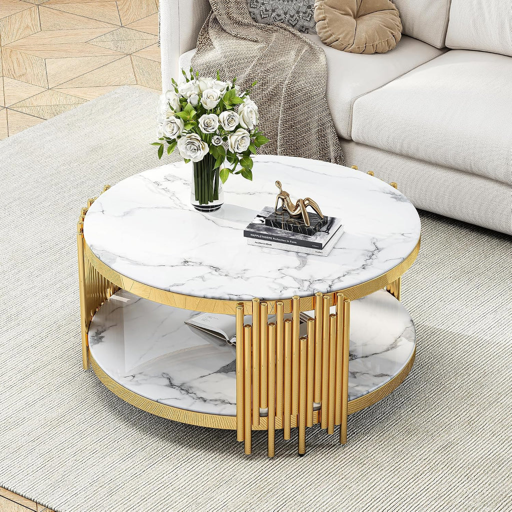 Round 2-Tier Coffee Table, 37' White Faux Marble Top and Gold Stainless Steel Frame, Luxury Modern Center Table for Living Room, Office or Apartment