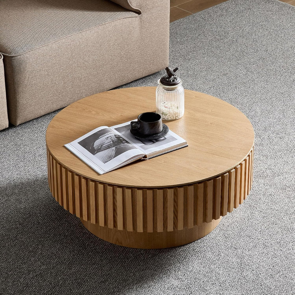 WILLIAMSPACE 31.49' Round Coffee Table with Storage for Living Room, Modern Circle Center Table with Solid Wood Veneered & Sturdy Pedestal, Accent End Tea Table for Apartment - Oak