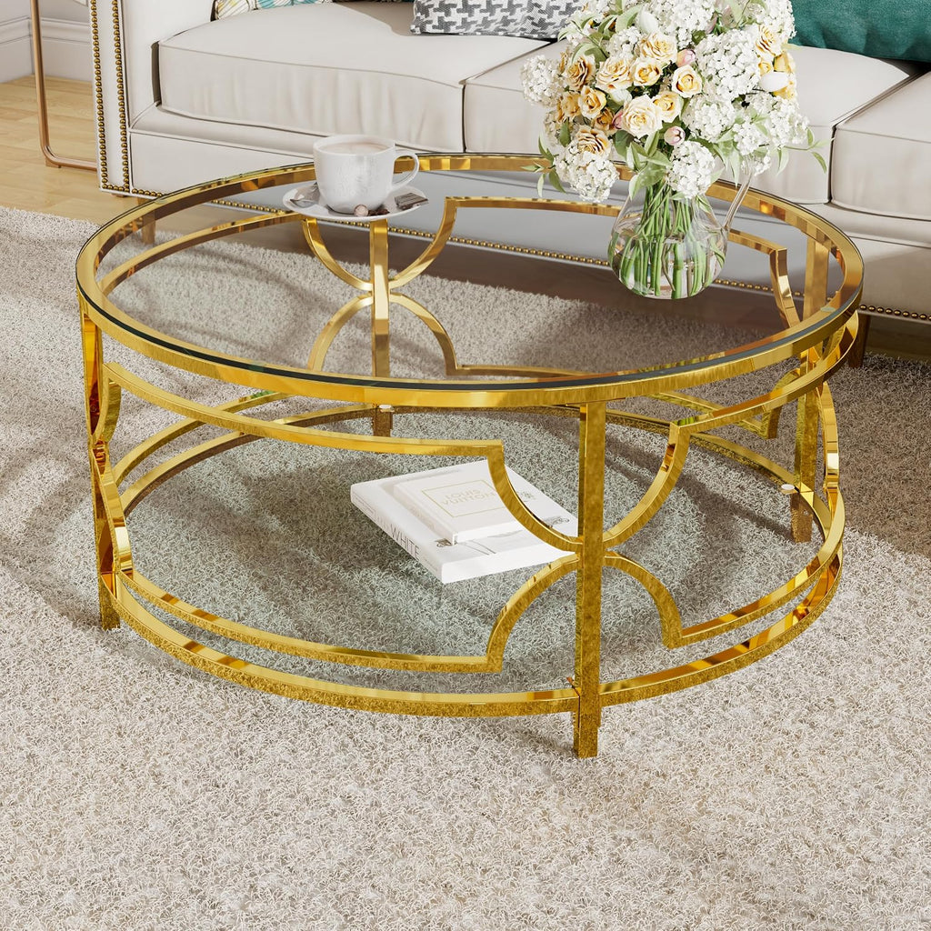 Merax 30.7' Round Tempered Glass Coffee Table, Luxurious Gold Geometric Metal Frame Side Table with Lower Storage Shelf, Modern Accent End Tables for Living Room, Bedroom, Apartment, Transparent